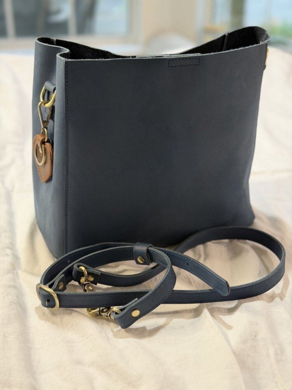 Navy Blue Genuine Italian Leather Bucket Shoulder Bag with Heart Charm